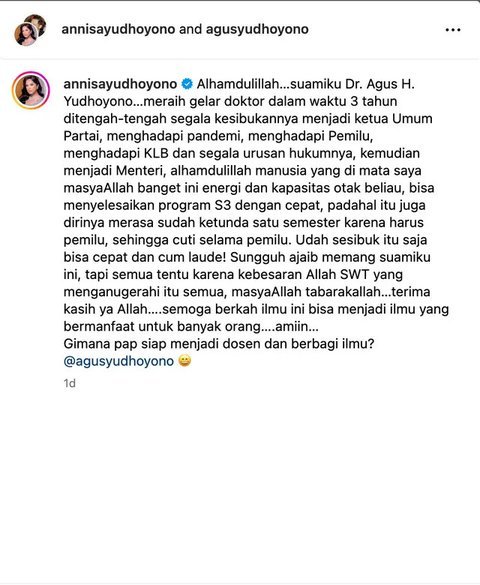 Annisa Pohan Tiba-Tiba Tantang AHY Usai Jadi Doktor Cumlaude, Ada Apa?