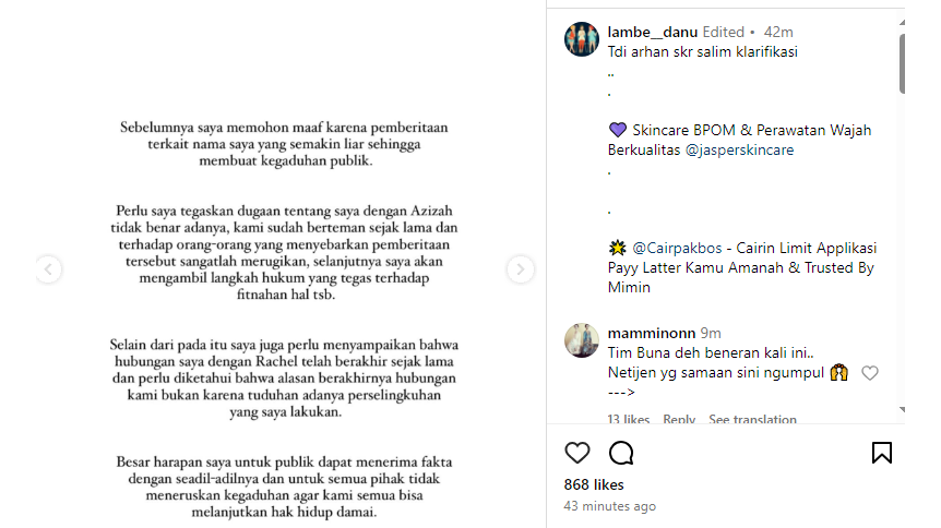 Salim Nauderer klarifikasi tudingan perselingkuhannya dengan Zize (Instagram